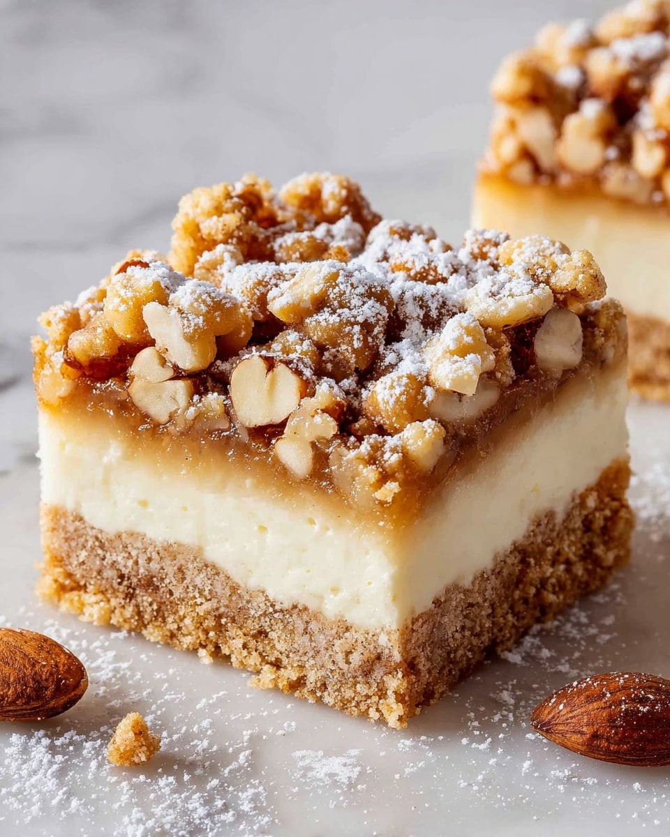 The image shows a square dessert bar with three distinct layers placed on a white marbled surface. The bottom layer is a crumbly, light brown base that looks slightly grainy and textured. The middle layer is a thick, smooth, creamy white filling that is firm and even. The top layer is a golden brown crumble mixed with whole nuts, some light tan and others darker, with a rough crunchy texture and dusted with a light coating of white powdered sugar. There are a few loose nuts and some powdered sugar scattered around the dessert bar on the surface. Photo taken with an iphone --ar 4:5 --v 7