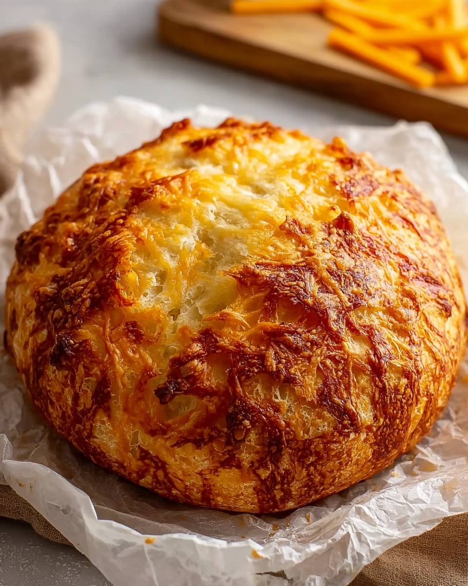 A round, golden-brown loaf of cheese bread rests on a crumpled piece of white parchment paper over a white marbled surface. The bread has a thick, crispy crust with a textured, bubbly appearance, showing toasted cheese melted unevenly on top. Toward the center, the crust opens slightly to reveal a soft, fluffy inside with a light yellow tint. In the background, there is a wooden board with thin sticks of cheddar cheese, slightly blurred. Photo taken with an iphone --ar 4:5 --v 7