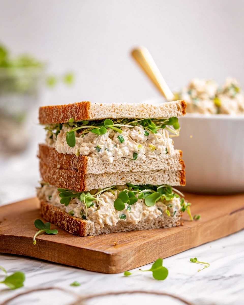 The image shows a two-layer sandwich on a wooden board with a white marbled surface below. Each layer consists of soft, light brown multigrain bread filled thickly with a creamy, light beige chicken salad speckled with green herbs. Fresh, bright green leafy microgreens are placed between and on top of the chicken salad layers, adding freshness and color contrast. In the background, slightly out of focus, there is a white bowl filled with more chicken salad and a spoon inside it. Small pieces of microgreens are scattered on the wooden board and the marbled surface, enhancing the natural look. photo taken with an iphone --ar 4:5 --v 7