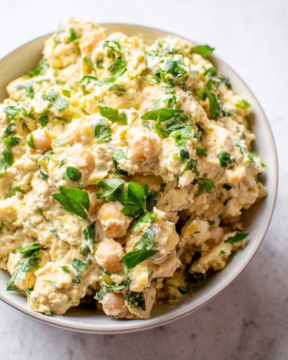 This image shows a close-up of a creamy salad served in a white bowl, placed on a white marbled surface. The salad has a soft texture with small chunks of pale yellow and off-white ingredients mixed together, possibly including chickpeas or similar beans. Scattered throughout the salad are bright green leafy herbs, adding contrast and freshness. The salad looks thick and well-mixed, filling the bowl almost to the top. Photo taken with an iphone --ar 4:5 --v 7