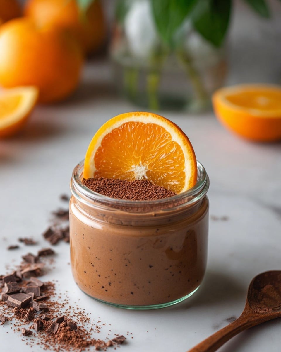 A small clear glass jar is filled with a smooth, creamy chocolate mousse that is light brown with tiny dark specks. On top of the mousse is a layer of fine brown cocoa powder, with a bright orange slice placed upright in the center, showing the juicy segments and white rind. The jar is set on a white marbled surface with crumbled chocolate pieces scattered around it. In the background, slightly out of focus, are whole and halved oranges and a blurred glass vase holding green leaves. A wooden spoon lies to the right side near the jar. Photo taken with an iphone --ar 4:5 --v 7