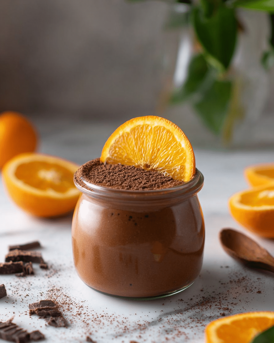 A clear glass jar filled with smooth, creamy chocolate mousse that takes up most of the space inside. The top layer of the mousse is dusted with a fine layer of cocoa powder, giving it a slightly textured dark brown look. A fresh, bright orange slice is placed vertically on top of the jar, standing out with its vibrant color against the deep brown mousse. The jar sits on a white marbled surface scattered with small crumbs and broken pieces of chocolate. Nearby, there are whole and halved oranges adding a pop of orange color, and part of a wooden spoon lies to the side. In the soft background, a glass vase with green leaves is only faintly visible. photo taken with an iphone --ar 4:5 --v 7