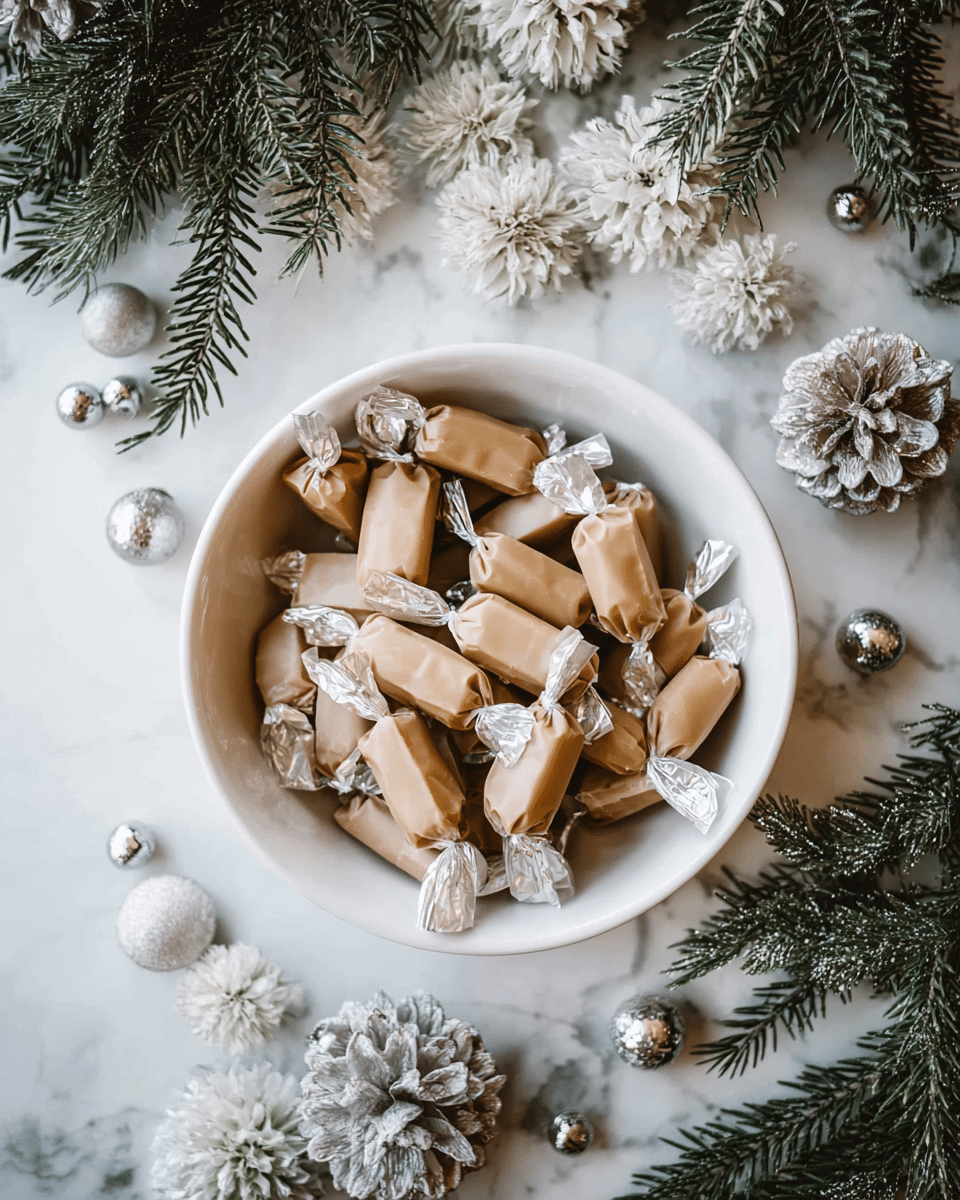A white bowl filled with a pile of light brown wrapped candies, each wrapped with twisted ends creating a simple, smooth texture. The bowl sits on a white marbled surface, surrounded by green pine branches, white frosted pinecones, small white flowers, and clusters of shiny silver balls, giving a festive, wintery feel. The overall look is clean and cozy with natural and muted colors. photo taken with an iphone --ar 4:5 --v 7
