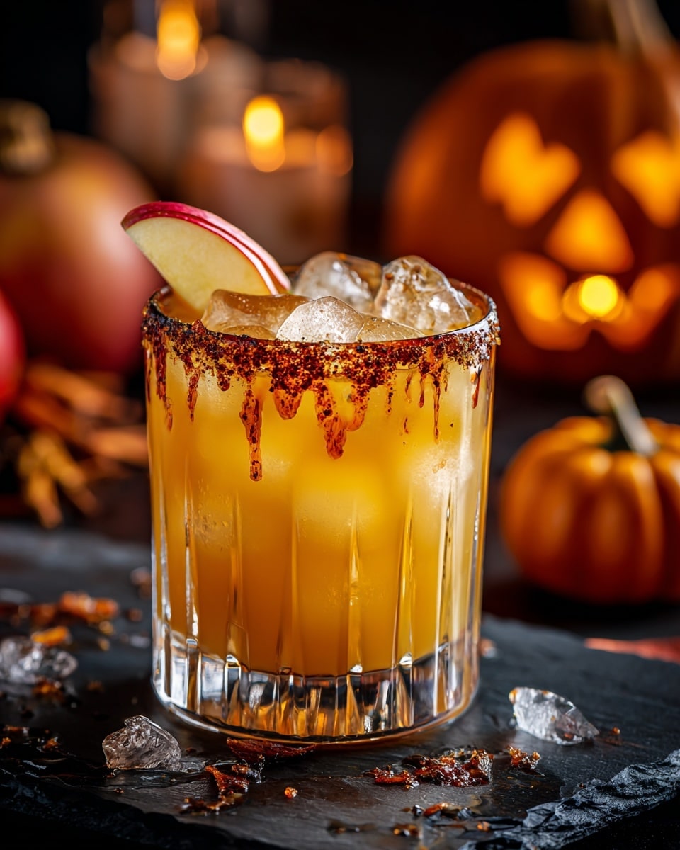 A clear glass with a detailed bottom and vertical lines is filled with an orange-yellow drink and ice cubes, with a rim coated in a chunky, dark spice mixture dripping down slightly; it is topped with a thin, red and yellow apple slice. The glass sits on a dark, textured slate plate with some crystals and spice bits scattered around. The background includes blurred lit pumpkins with orange glows and a warm candle light, all set on a white marbled texture. photo taken with an iphone --ar 4:5 --v 7