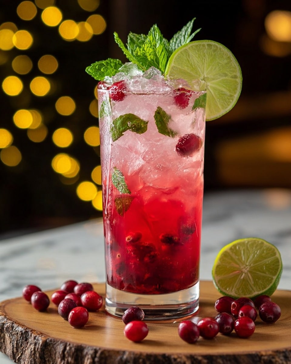 A tall clear glass filled with a bright red drink showing three visible layers: a dense red liquid at the bottom, a lighter pink liquid in the middle mixed with ice cubes, and a top layer with floating red cranberries and ice cubes. The glass is decorated with a green lime slice and fresh green mint leaves on the rim, sitting on a white marbled textured surface. Around the glass are scattered fresh red cranberries and a halved lime with the green outer peel and pale green inside visible, with soft yellow bokeh lights in the blurry background, photo taken with an iphone --ar 4:5 --v 7