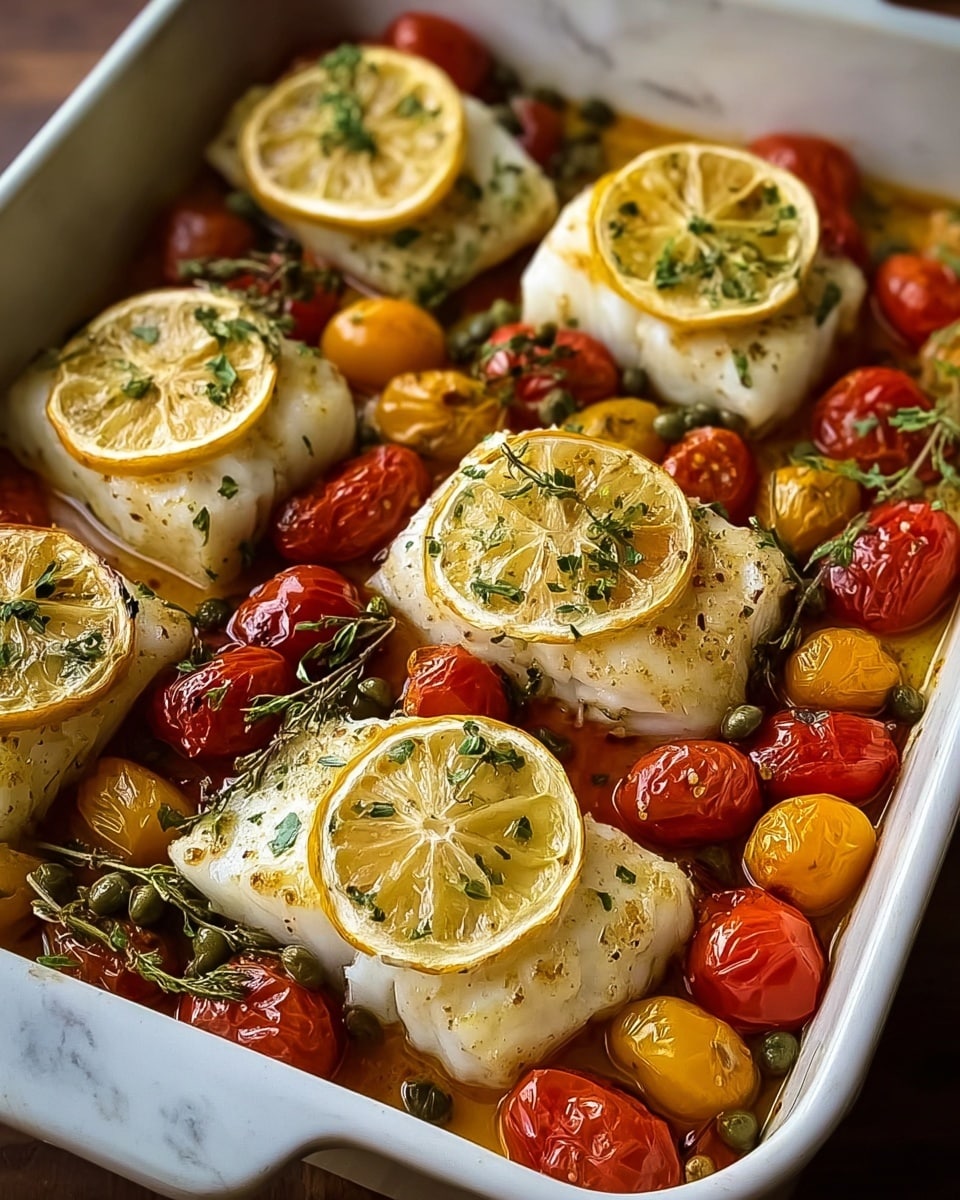The image shows a white tray filled with six pieces of cooked white fish, each topped with a golden-yellow lemon slice with light grill marks. Surrounding the fish are roasted cherry tomatoes in shades of bright red and yellow, some slightly wrinkled and charred. Small green capers are scattered among the tomatoes, adding texture and color contrast. The fish appears moist and tender with a slightly browned surface, sprinkled with small green herbs. The tray is sitting on a white marbled surface. photo taken with an iphone --ar 4:5 --v 7