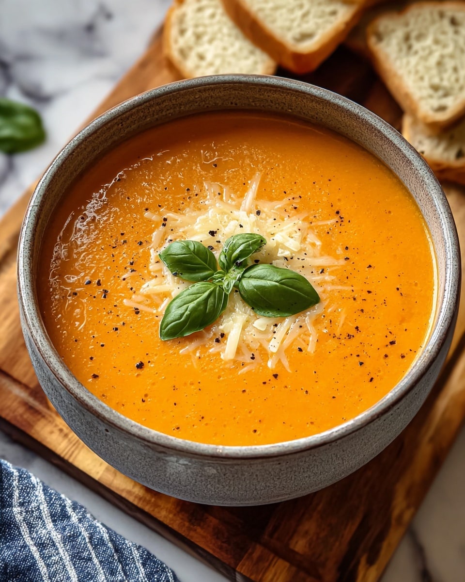 A bowl filled with smooth orange soup, topped with a small pile of white shredded cheese in the center, sprinkled with black pepper, and garnished with three bright green basil leaves arranged like a small bouquet on top. The bowl is gray with a slightly rough texture on the outside and sits on a wooden cutting board, with pieces of light bread in the background. The setting includes a white marbled texture under the board and a blue and white striped cloth nearby. photo taken with an iphone --ar 4:5 --v 7