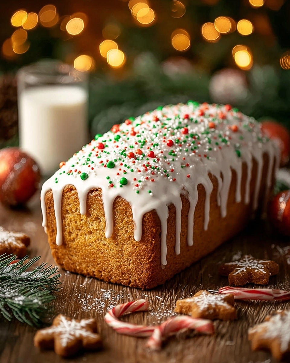 A loaf of cake with one main layer, covered with thick white icing that drips down the sides, topped with small round sprinkles in red, green, and white. The cake has a golden-brown color and a soft texture. It is set on a wooden surface with a glass of milk nearby, surrounded by Christmas decorations including pine cones, candy canes, green pine branches, and glowing fairy lights blurred in the background. Photo taken with an iphone --ar 4:5 --v 7