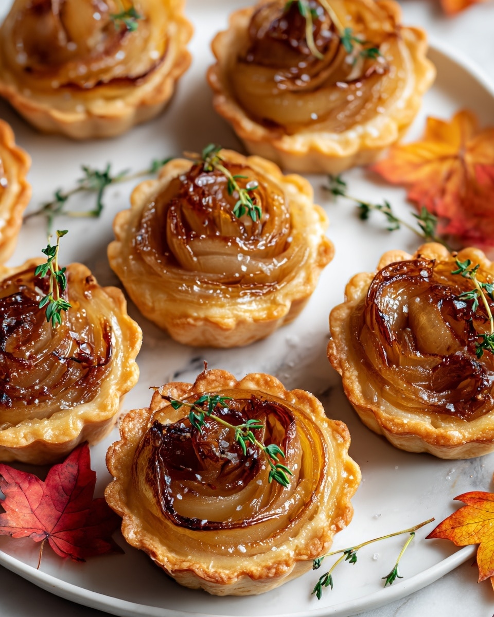 A close-up of several small tarts arranged on a white plate set on a white marbled surface, each tart having a golden-brown flaky crust with a scalloped edge, filled with caramelized onion slices layered in a circular pattern showing shades of pale yellow, amber, and dark brown edges, topped with small green sprigs of fresh thyme, with a light glossy finish and scattered coarse salt crystals, autumn colored leaves resting around the plate adding warm orange and yellow tones, photo taken with an iphone --ar 4:5 --v 7
