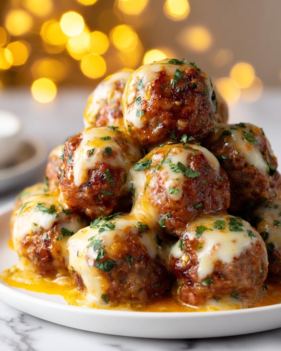 A close-up view of a pile of about fifteen round meatballs on a white plate set on a white marbled surface. Each meatball is golden brown with orange sauce and melted white cheese draped over the top and sides, giving a glossy look. Small green herb pieces are sprinkled over the meatballs, adding a fresh touch. The background shows soft yellow lights creating a warm, cozy feeling. photo taken with an iphone --ar 4:5 --v 7
