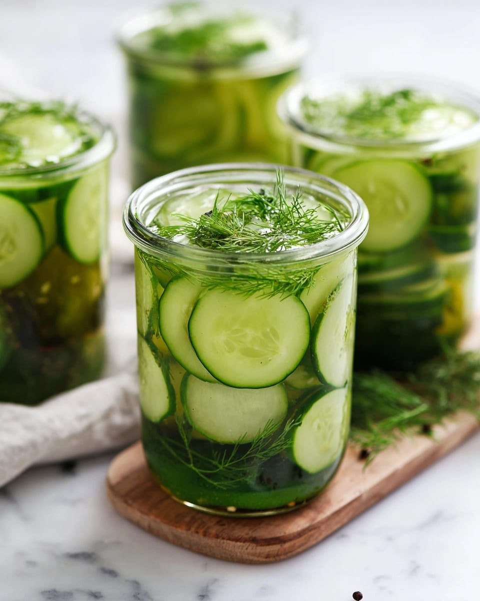 A clear glass jar filled with thin, round slices of bright green cucumber arranged in layers and submerged in clear pickling liquid. On top, fresh green dill sprigs float above the cucumber slices, adding a feathery texture. The jar rests on a small wooden board placed on a white marbled surface. In the background, there are three more similar jars filled with cucumbers and other pickled vegetables that are slightly out of focus. The overall look is fresh and crisp with shades of green standing out against the clear glass and white marble. Photo taken with an iphone --ar 4:5 --v 7