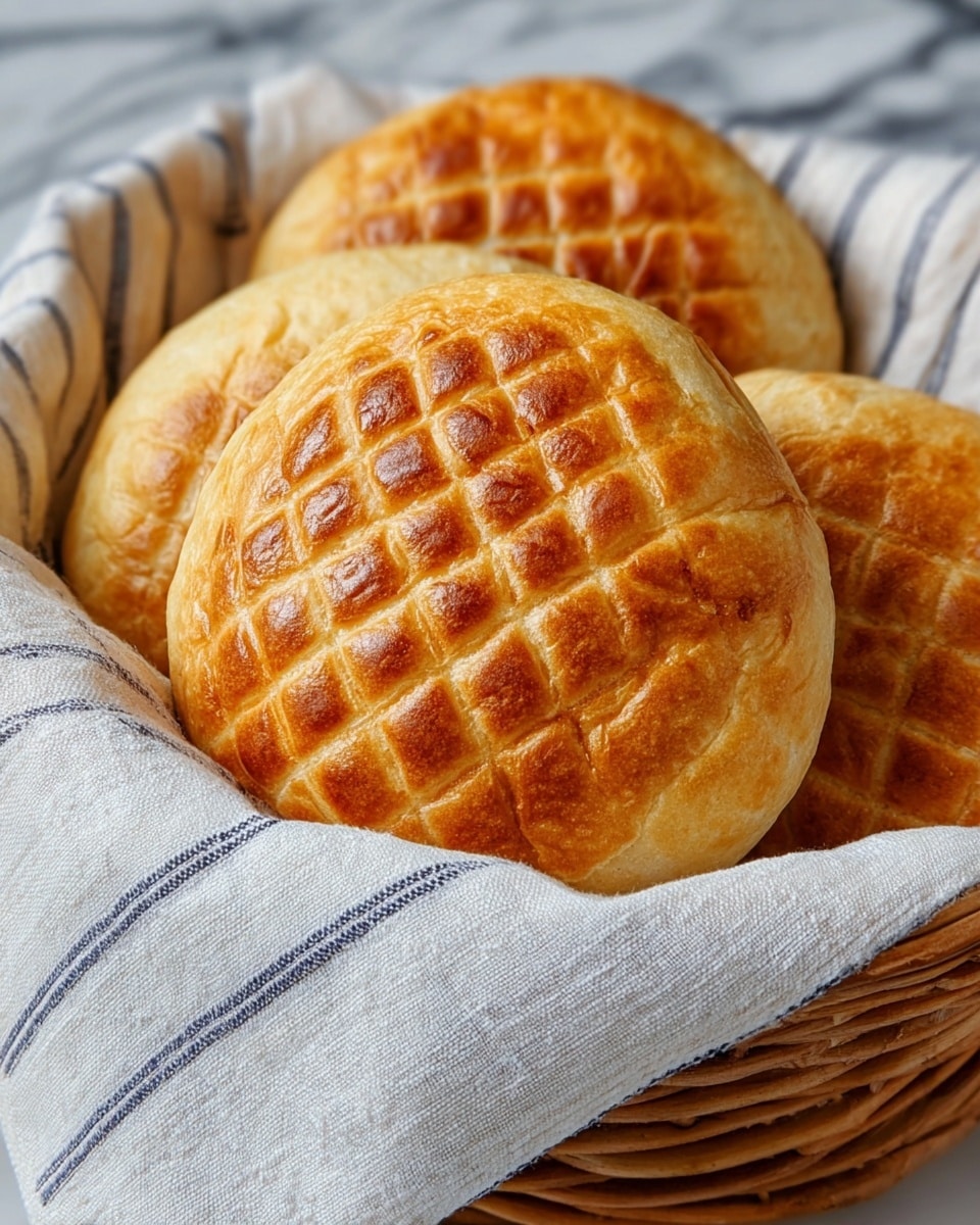 A close-up view of a round, golden-brown bread with a shiny crust, featuring a distinct grid pattern of slightly raised squares on its surface. The bread is placed inside a wicker basket lined with a white cloth that has thin, dark blue stripes. Several other round breads with a softer, less defined texture are stacked closely behind the bread with the grid pattern. The basket rests on a white marbled surface. photo taken with an iphone --ar 4:5 --v 7
