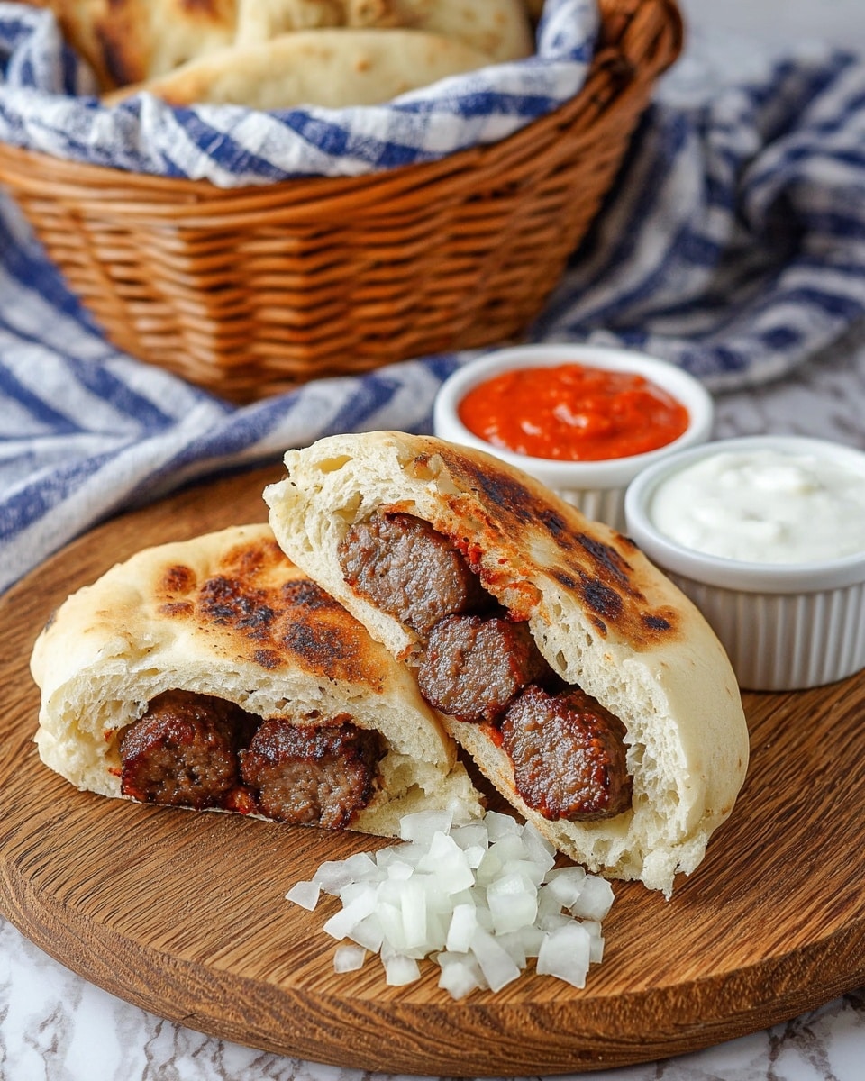 The image shows two pieces of flat white bread, cut and filled with dark brown grilled meat chunks that have a slightly crispy texture, placed on a wooden round board. To the side of the bread, there is a small pile of finely chopped white onions. Behind the onions, there are two small white ramekins, one filled with bright red sauce and the other with white sauce. In the background, there is a wicker basket lined with a blue and white striped cloth, containing more flat bread. All of this is set on a white marbled surface. Photo taken with an iphone --ar 4:5 --v 7
