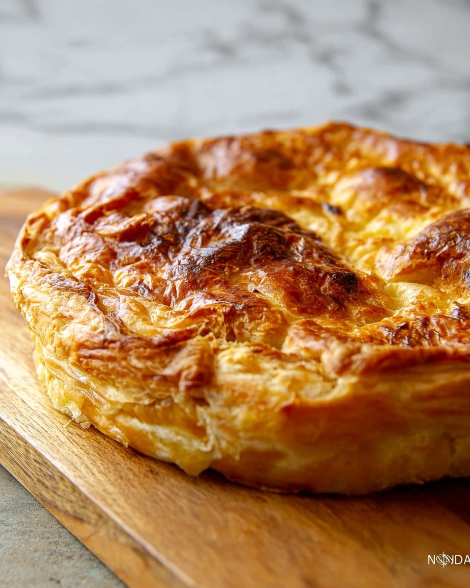 A thick, round pie with a golden-brown, flaky crust sits on a wooden board. The pie's surface is textured and uneven with several domed rises and creases, showing many layers of browned, crispy dough. The edges are slightly puffed and crisp, with a mix of deeper brown and light golden shades. The background features a white marbled texture, enhancing the warm tones of the pie. photo taken with an iphone --ar 4:5 --v 7