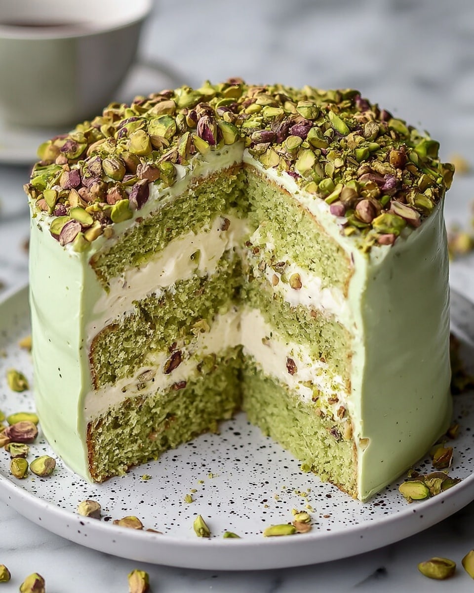 A two-layer cake with pale green sponge and a thick white cream filling in the middle sits on a white plate with black specks. The outside is covered in smooth light green frosting with a slightly wavy texture. The top layer has a generous sprinkle of whole and chopped pistachios, showing various shades of green and purple. Some loose pistachios are scattered on the plate near the cake. The background has a soft focus and appears airy with greenish and white tones. Photo taken with an iphone --ar 4:5 --v 7