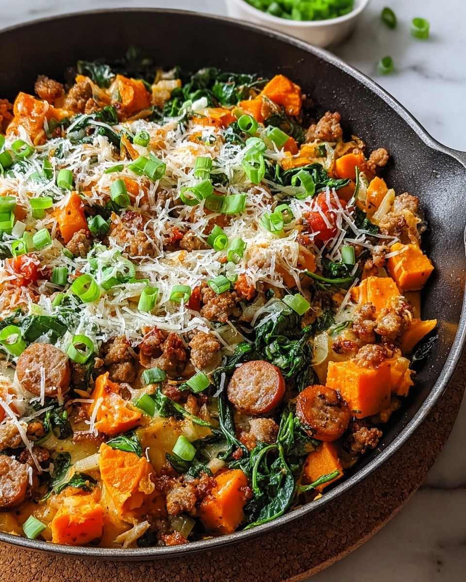 A close-up of a black skillet filled with a colorful cooked dish consisting of three main layers: large orange chunks of sweet potato forming the base layer, mixed with green spinach leaves and translucent cooked onion pieces scattered throughout; a middle layer of browned sausage slices and crumbled cooked ground meat adds a rich brown color and texture; the top layer is sprinkled with shredded white cheese and chopped green onions, creating a fresh and vibrant finish. The skillet sits on a round cork trivet against a white marbled texture surface in soft natural light. Photo taken with an iphone --ar 4:5 --v 7