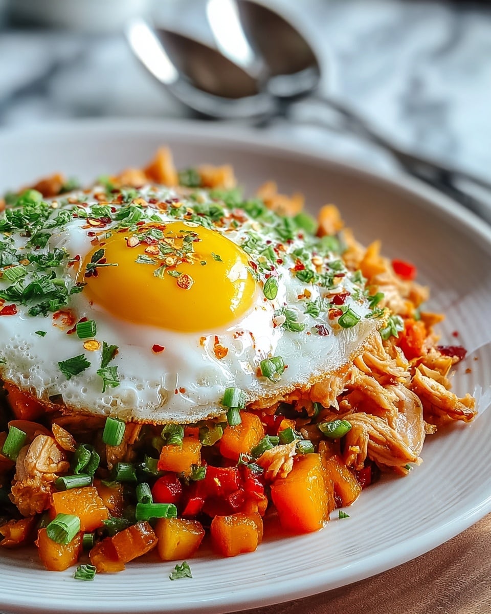 A close-up of a white plate filled with a colorful stir-fry that has three main layers. The bottom layer contains small, cubed orange and red vegetables mixed with shredded light-brown chicken pieces. The middle layer is a mixture of finely chopped green onions and herbs spread over the stir-fry. On top, there is a single sunny-side-up egg with a bright yellow yolk and white edges, sprinkled with green herbs and red chili flakes. The plate sits on a surface with a white marbled texture and in the blurry background, there are two metal spoons. photo taken with an iphone --ar 4:5 --v 7