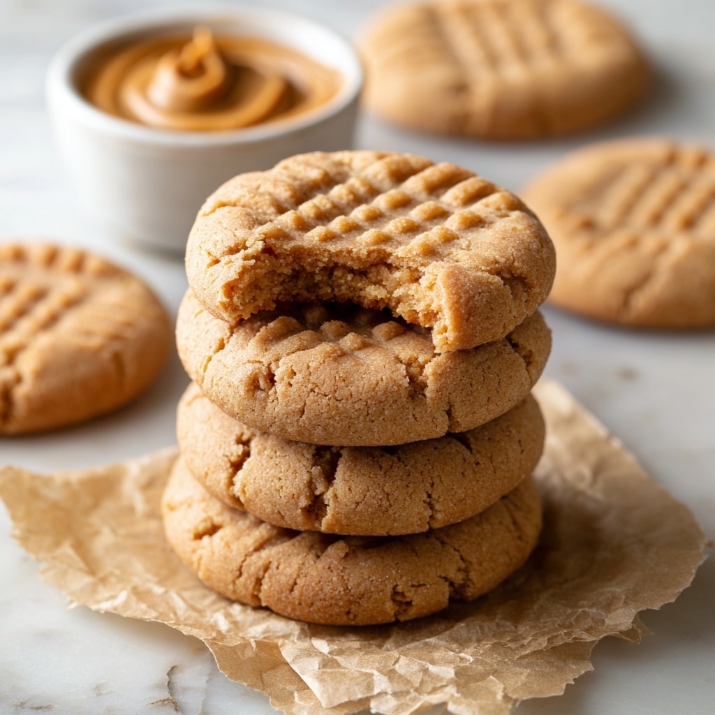 Several peanut butter cookies lay close together on crinkled parchment paper over a white marbled surface. Each cookie is round, light golden brown, and has a rough texture with visible cracks and small sugar crystals sprinkled on top. Distinct fork marks create a grid pattern pressed into the top of each cookie, adding a textured design. The cookies overlap slightly in some spots and are unevenly shaped with slightly jagged edges, giving a homemade feel. photo taken with an iphone --ar 4:5 --v 7
