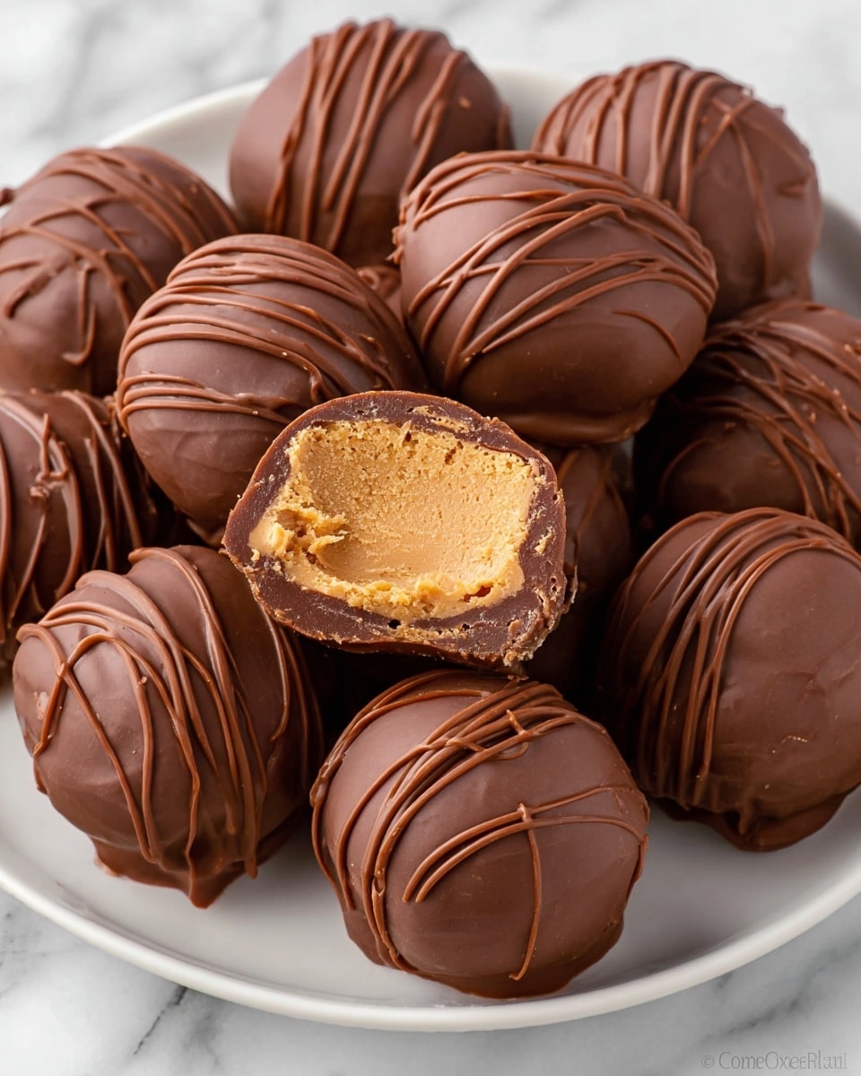 A white plate filled with round truffles coated in smooth, shiny milk chocolate, each truffle decorated with thin lines of chocolate drizzled across the top in a random pattern; one truffle is cut open in the center, showing a thick, creamy, light brown peanut butter filling inside a solid chocolate shell. The truffles are close together, filling the plate with a rich, inviting look. The background is a white marbled texture. photo taken with an iphone --ar 4:5 --v 7
