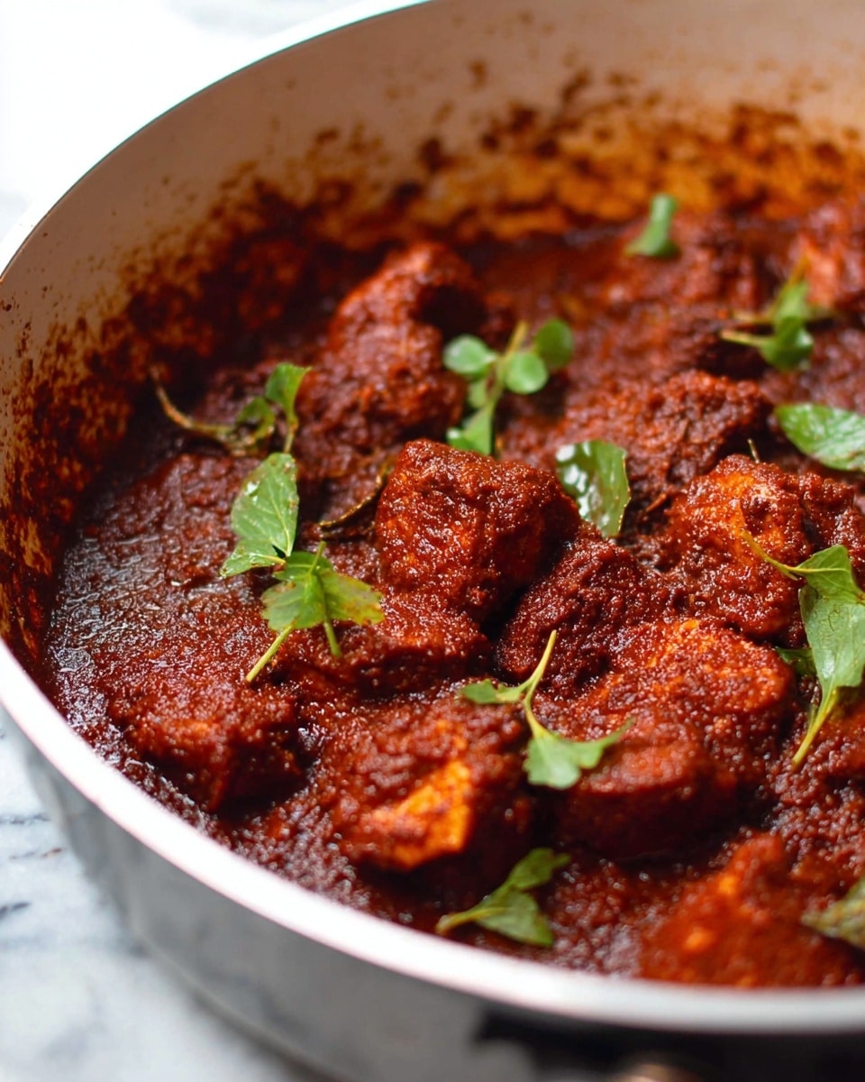 A close-up view of a dish in a white pan showing chunky, browned pieces coated in a thick red-brown sauce with a slightly coarse texture. Scattered on top are small fresh green leaves that add a pop of color against the rich sauce. The pan's inside rim has visible spice marks, and the background is a white marbled texture. photo taken with an iphone --ar 4:5 --v 7