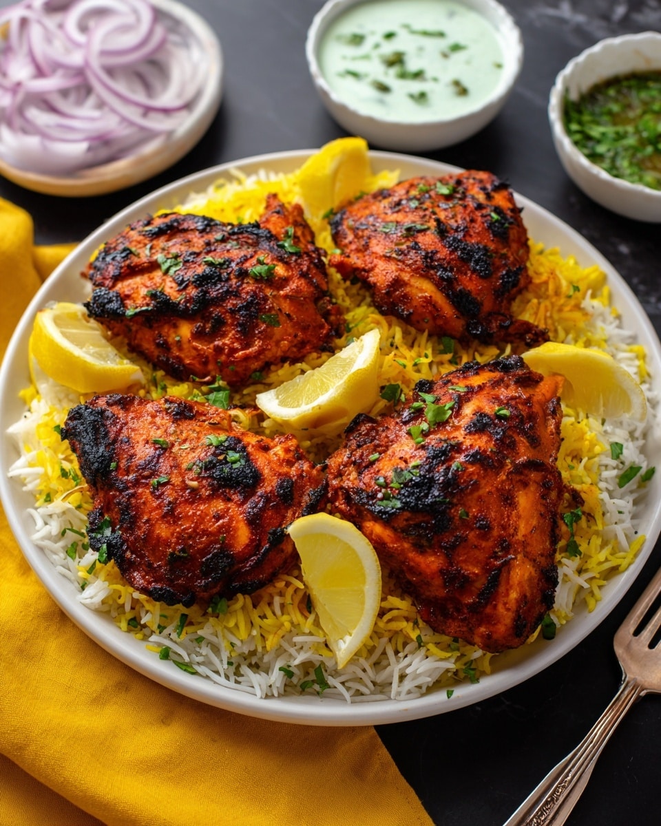 A white plate holds a bed of yellow and white rice as the bottom layer, topped with four pieces of grilled chicken with deep orange skin and black char marks, garnished lightly with green herbs. Three lemon wedges of bright yellow color are placed around the chicken on the rice. The plate sits on a white marbled surface with a yellow napkin beside it. In the background, there are small white bowls with green sauce and sliced onions with green herbs. A silver fork lies on the right. photo taken with an iphone --ar 4:5 --v 7