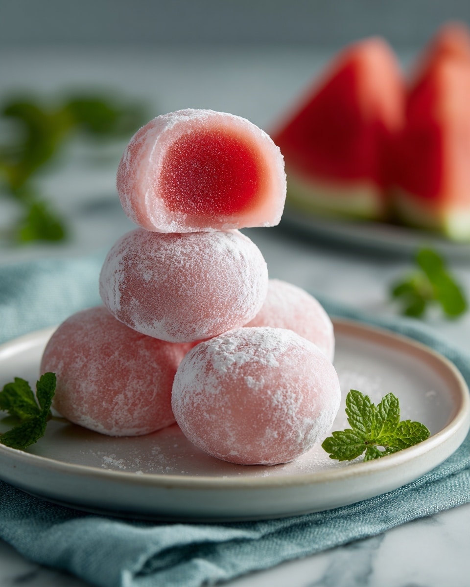 Four round pink mochi balls dusted with white powder sit stacked on a white plate, with one mochi on top cut in half to show a bright red, smooth filling inside. The plate is placed on a light blue cloth, and there are small green mint leaves as decoration beside the mochi. In the blurred background, there are pieces of red watermelon and green leaves adding color contrast against the white marbled surface. photo taken with an iphone --ar 4:5 --v 7