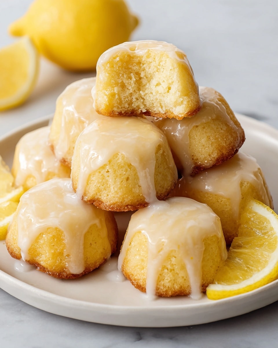 A pyramid stack of nine small lemon cakes with a light yellow color and a moist, soft texture sits on a round wooden board in the center. Around the board are halved fresh lemons showing their juicy, bright yellow inside. In the background to the left is a pile of round sandwich cookies with yellow filling, placed on a white plate, and to the right is a white basket filled with whole bright yellow lemons, all set against a white marbled texture surface and a white tiled wall. The lighting is bright and natural. photo taken with an iphone --ar 4:5 --v 7