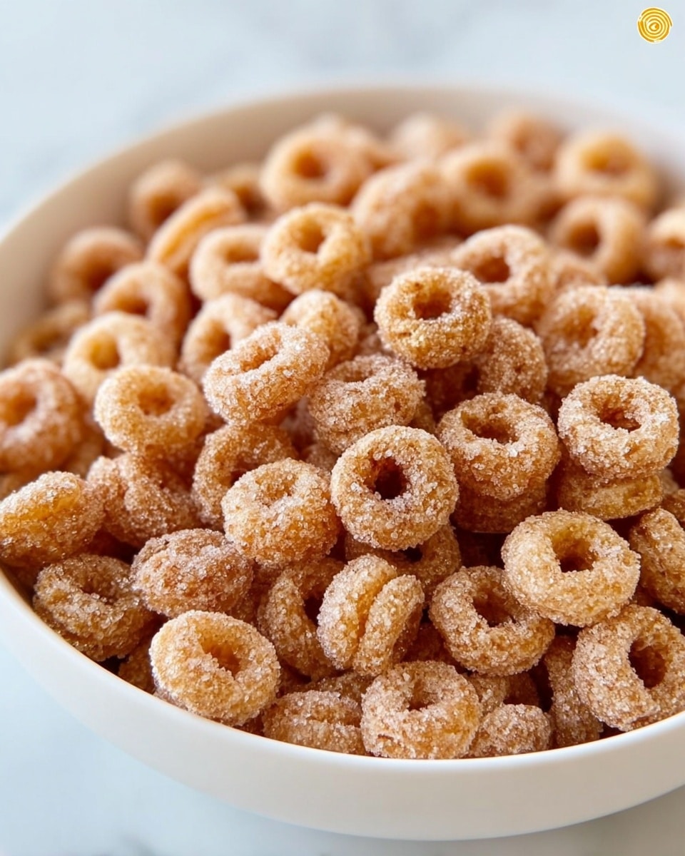 A close-up image shows a white bowl filled with many small, round cereal pieces shaped like rings. Each cereal piece is covered with a light layer of sugar crystals, giving them a shiny, grainy texture mixed with a golden brown color. The bowl is set on a white marbled surface, and the cereal fills the bowl to the top, creating a cozy and inviting look. photo taken with an iphone --ar 4:5 --v 7