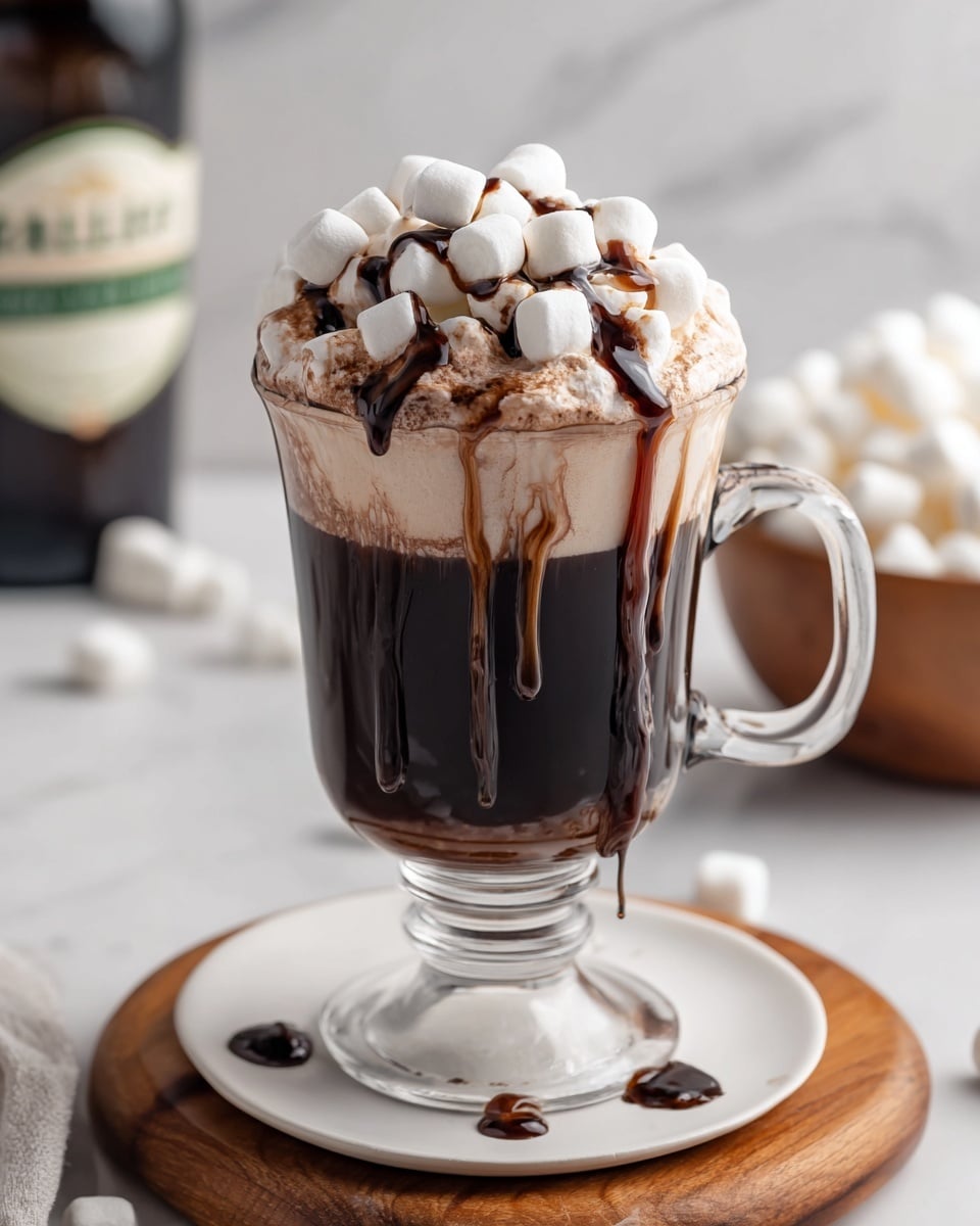 A clear glass mug filled with a dark, rich hot chocolate forms the bottom layer, topped by a thick, creamy light brown foam layer that slightly swirls down the inner glass. The top is piled high with small white marshmallows, drizzled with dark chocolate syrup that drips down the marshmallows and sides of the glass, some syrup drops reaching the white plate beneath. The mug sits on a white plate placed on a wooden board, all set on a white marbled surface. There is a blurred bottle and a wooden bowl filled with more marshmallows in the soft background. Photo taken with an iphone --ar 4:5 --v 7