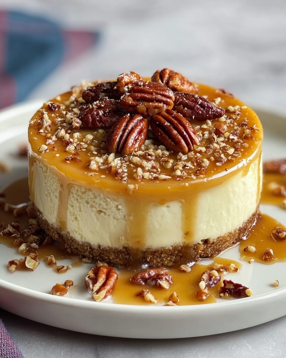A small round cheesecake with a thick, smooth cream cheese layer in the middle and a light brown crumbly crust at the bottom. The top is covered by a shiny caramel sauce that drips slightly down the sides. On top of the caramel are whole pecans scattered evenly, giving a rich brown color and a textured look. The cheesecake is placed on a white plate sitting on a white marbled surface. photo taken with an iphone --ar 4:5 --v 7