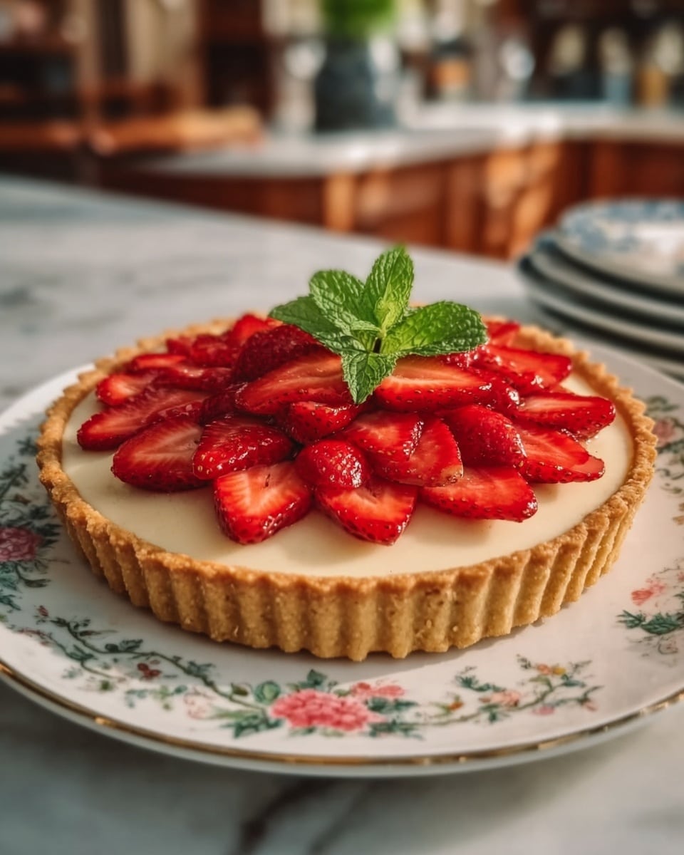 A round tart with a golden-brown crust forms the base layer, sitting on a white plate with floral designs. On top of the crust is a smooth, cream-colored filling layer. The tart is decorated with vibrant red strawberry slices arranged in overlapping circular layers, starting from the outer edge and working inward. In the center, there is a small bunch of fresh green mint leaves adding a pop of color. The plate is placed on a white marbled surface, with some blurred kitchen background in warm tones. photo taken with an iphone --ar 4:5 --v 7