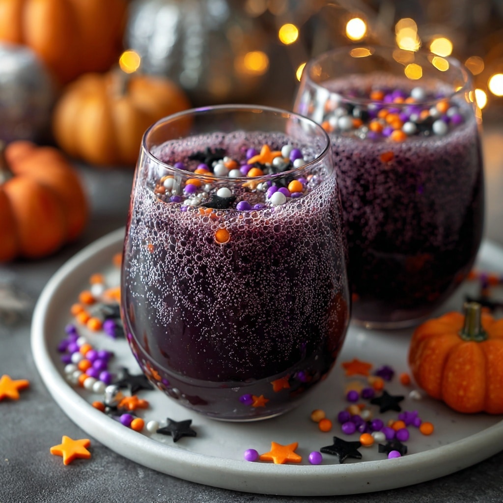 The image shows two close-up glasses filled with a dark purple, bubbly drink topped with colorful round sprinkles and small star-shaped decorations in orange, purple, white, and black, all floating on the frothy surface. The glasses are rounded and placed on a white plate with matching Halloween-themed sprinkles scattered around the base. The scene sits on a white marbled texture, with soft blurred lights and autumn elements in the background, creating a festive and rich atmosphere. photo taken with an iphone --ar 4:5 --v 7