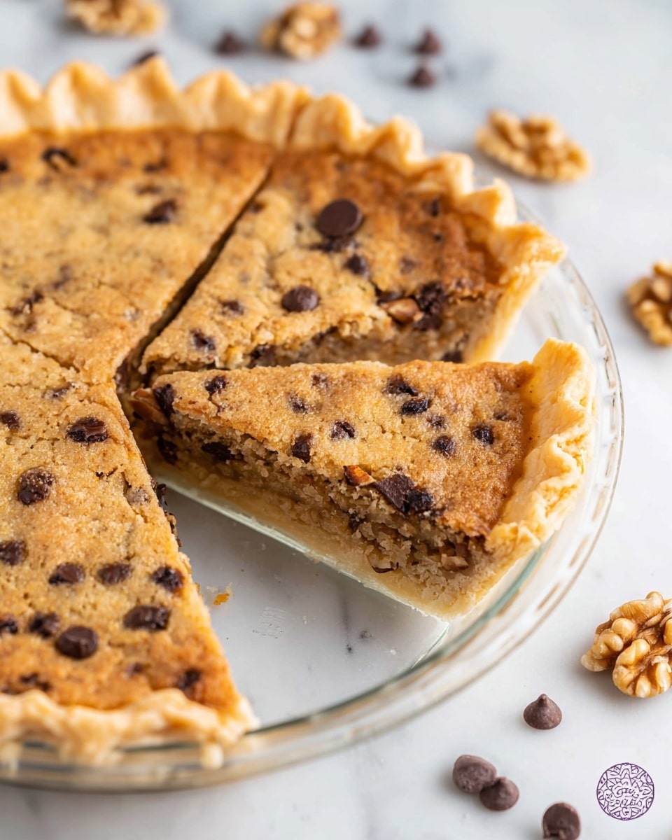 A close-up of a slice of pie on a clear glass pie dish shows a golden brown crust with a crimped edge and a light brown filling dotted with melted dark chocolate chips. The pie filling looks textured and slightly crumbly, with visible bits suggesting nuts. Two slices have been cut and slightly moved apart from the whole pie, revealing the cut edges and flaky crust. Around the dish, there are scattered chocolate chips and walnut pieces on a white marbled surface, adding to the casual and inviting setting. photo taken with an iphone --ar 4:5 --v 7