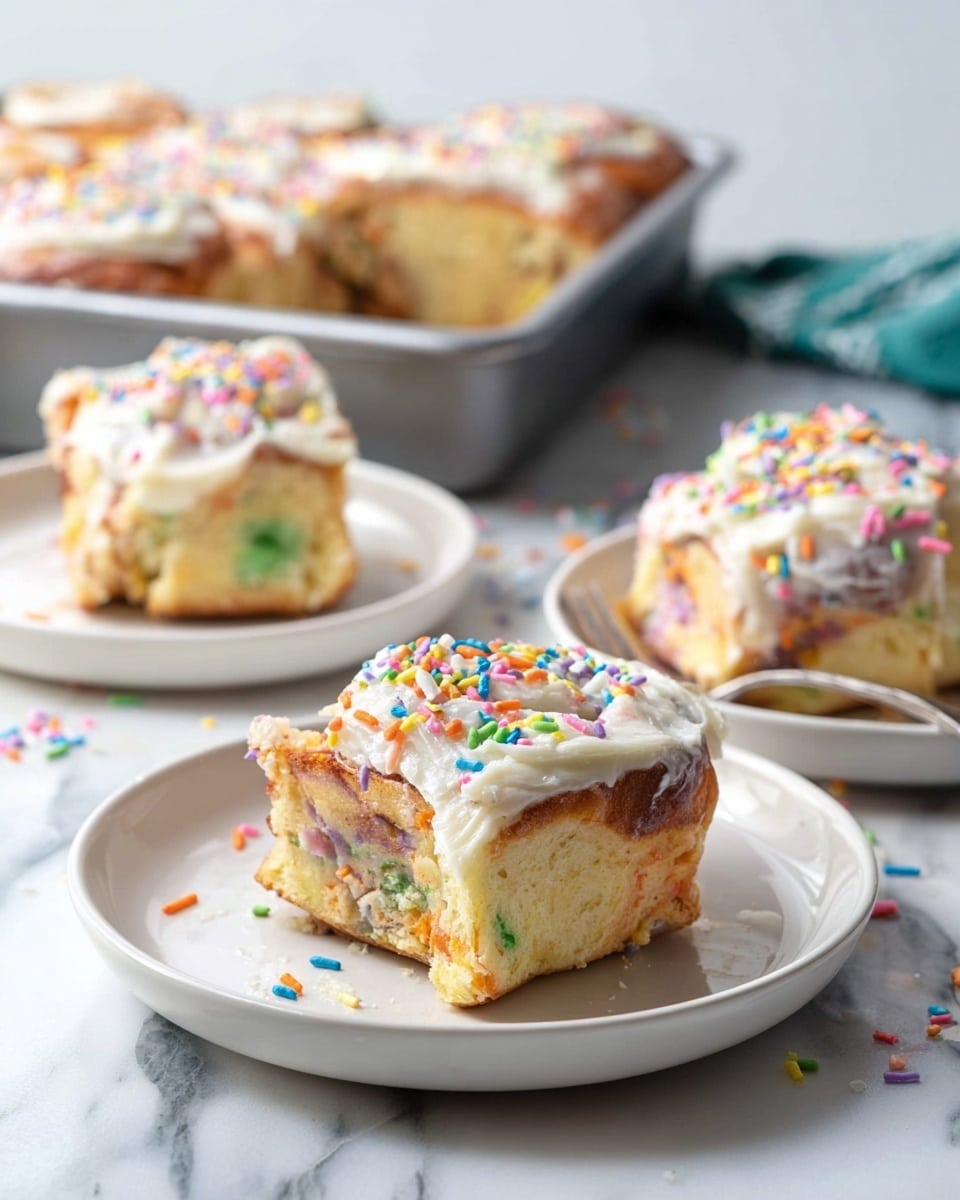 The image shows colorful funfetti cinnamon rolls with three slices placed on white plates on a white marbled surface. Each roll has two visible layers: the soft, swirled dough with specks of green, orange, yellow, and pink inside, and a thick white cream cheese frosting on top, covered with small round colorful sprinkles. The rolls have a light golden-brown bottom and sides, with the frosting spread unevenly and spilling slightly over the edges. In the background, the rest of the cinnamon rolls are still in a silver baking pan, with one piece missing. Photo taken with an iphone --ar 4:5 --v 7
