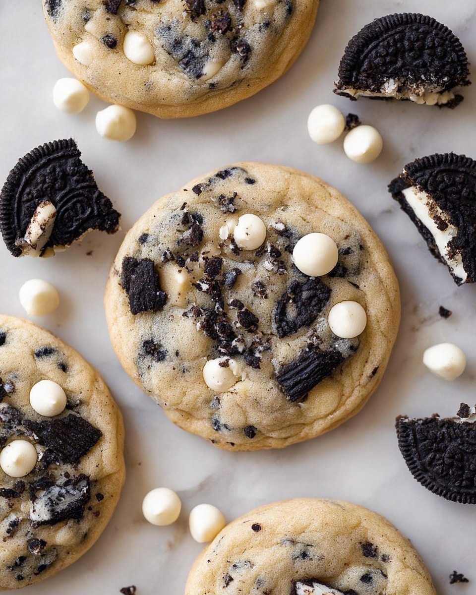 The image shows several soft cookies on a light beige baking sheet placed on a white marbled surface. Each cookie has a light golden brown base with embedded chunks of dark cookie pieces that resemble Oreo bits, along with scattered dark brown chocolate chips and creamy white chocolate chips. Around the cookies, there are whole and broken Oreo cookies, adding contrast with their black color and white cream filling. The cookies look slightly thick with a chewy texture and a lightly browned edge, creating a mix of crumbly and creamy textures. photo taken with an iphone --ar 4:5 --v 7