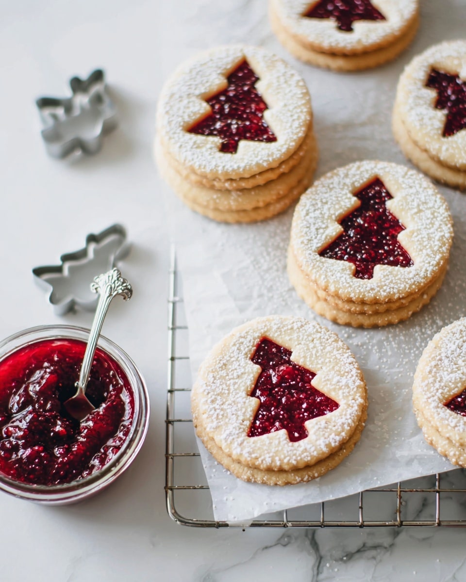 The image shows round cookies with two layers each; the bottom layer is light golden brown and slightly thicker, while the top layer is also golden brown with a Christmas tree shape cut out in the middle, showing bright red raspberry jam inside. The top cookie layers are dusted with white powdered sugar. They are arranged on a silver cooling rack lined with white parchment paper, placed on a white marbled texture surface. To the left of the cookies, there is a small white bowl filled with chunky red raspberry jam with a silver spoon inside. A small silver Christmas tree cookie cutter is near the bowl on the surface. photo taken with an iphone --ar 4:5 --v 7