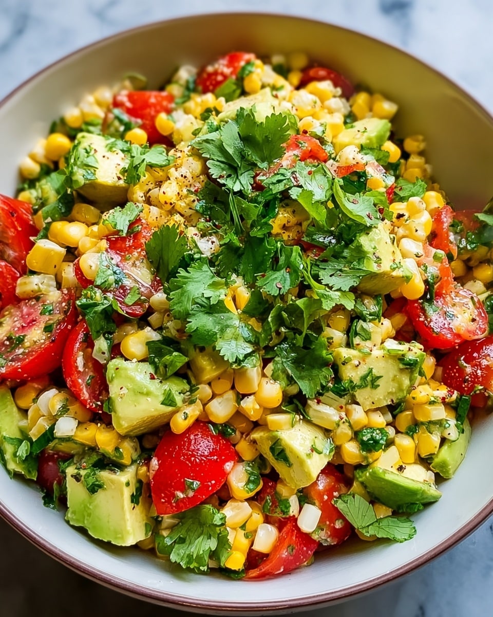 The image shows a close-up of a colorful corn salad in a white bowl. The dish has three main layers mixed together: the base layer is yellow corn kernels that look juicy and fresh, scattered throughout are bright red tomato chunks, and creamy light green avocado pieces. Fresh green cilantro leaves are spread on top, adding a touch of vibrancy. The ingredients have a slight shine, likely from a dressing, and there are small black pepper flakes sprinkled across the salad. The bowl sits on a white marbled texture surface. photo taken with an iphone --ar 4:5 --v 7