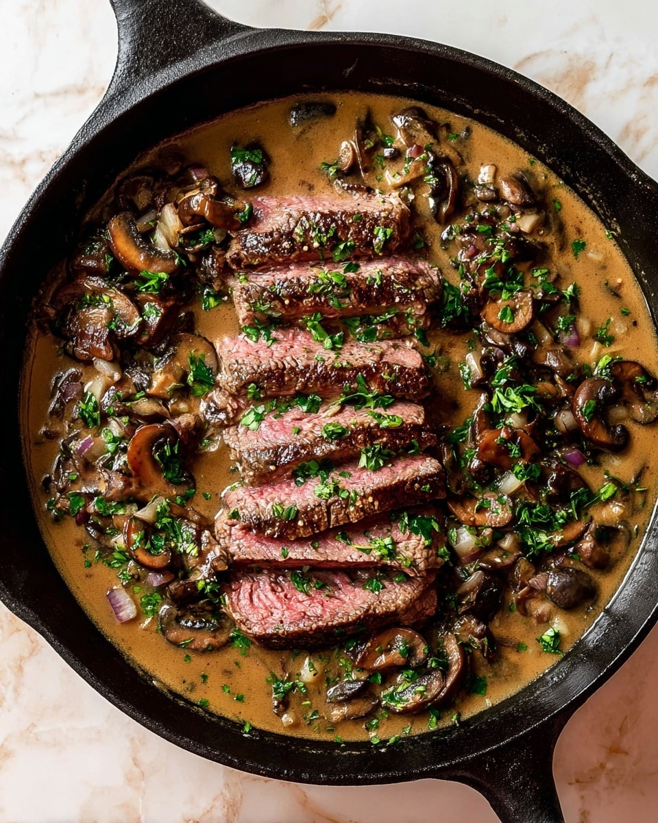 A black cast-iron pan rests on a white marbled surface, holding sliced medium-rare steak arranged in two rows across the center. The steak slices show a pink center with brown seared edges, and they are partially soaked in a creamy brown mushroom sauce. Around the steak, there are evenly spread sautéed mushrooms that are dark brown with a glistening texture. The sauce is smooth and coats the bottom of the pan, with small bits of herbs and diced onions sprinkled on top. Bright green parsley is sprinkled generously over the steak and mushrooms, adding a fresh contrast to the warm tones of the dish. Photo taken with an iphone --ar 4:5 --v 7
