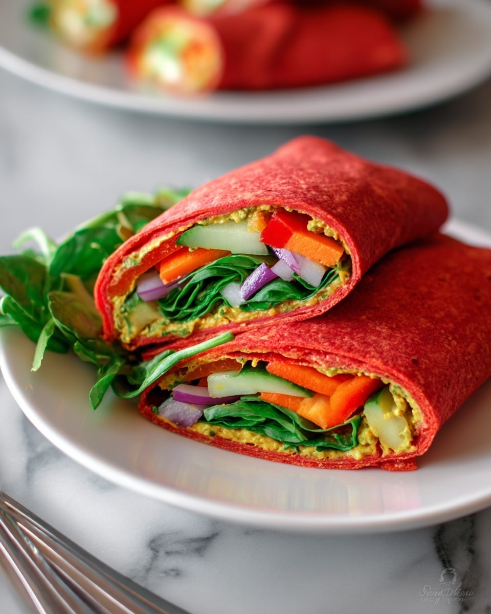 The image shows a white plate holding two halves of a wrap with a bright red tortilla on the outside. Inside, there are several layers visible: fresh green leafy spinach, slices of light green cucumber, chopped orange bell peppers, small pieces of purple onion, and a layer of creamy yellow spread. In the background, more wraps are slightly blurred, also wrapped in the same red tortilla and filled similarly. The plate rests on a white marbled surface, and nearby, two shiny metal spoons lie crossed. Photo taken with an iphone --ar 4:5 --v 7