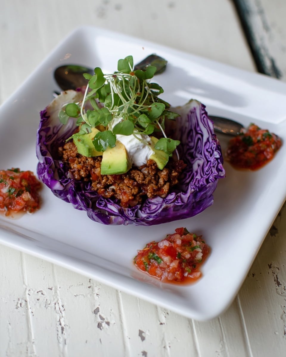 A white square plate on a white marbled surface holds a single purple cabbage leaf shaped like a small bowl. Inside, a layer of brown cooked ground meat sits at the bottom, topped with green avocado pieces and a small dollop of white sour cream or sauce. Fresh green herbs and microgreens are placed on top. On each side of the cabbage leaf on the plate are small spoonfuls of red salsa with visible bits of green herbs and white onions. The photo taken with an iphone --ar 4:5 --v 7