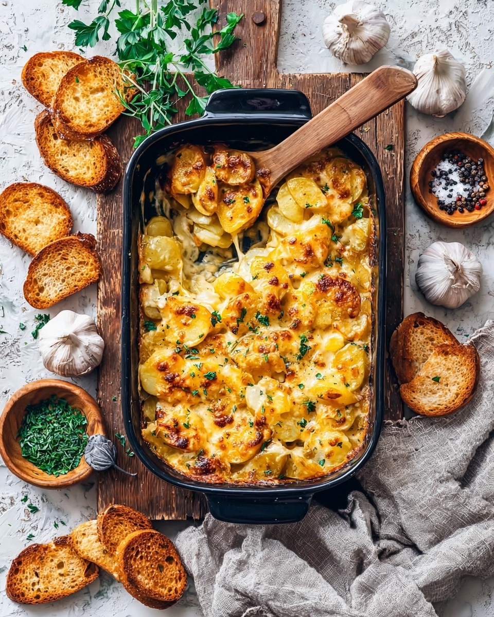 A black rectangular baking dish filled with golden brown layers of cheesy potato casserole, with visible chunks of soft yellow potatoes mixed with melted cheese that has bubbly, browned spots on top, brightened by scattered fresh green herbs. A wooden spoon is scooping out a portion from the top left corner, showing gooey and creamy textures beneath the top crust. Around the dish on a white marbled surface, there are crispy toasted bread slices, two whole heads of garlic, small wooden bowls with coarse salt and peppercorns, and green herb sprigs adding fresh green highlights. A light gray cloth is casually placed to the right side. The photo is taken with an iphone --ar 4:5 --v 7