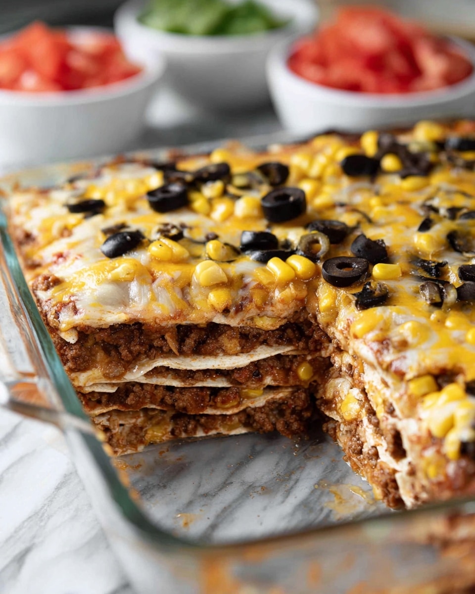 A close-up view of a layered dish in a clear glass rectangular baking dish, showing three visible layers of soft, light brown tortillas filled with seasoned ground meat. The top layer is covered with melted yellow cheese, black olives, and bright yellow corn kernels scattered evenly. The edges of tortillas are slightly browned and crispy. The background is a white marbled texture, with blurred small white bowls filled with diced red tomatoes and green vegetables in the distance. photo taken with an iphone --ar 4:5 --v 7