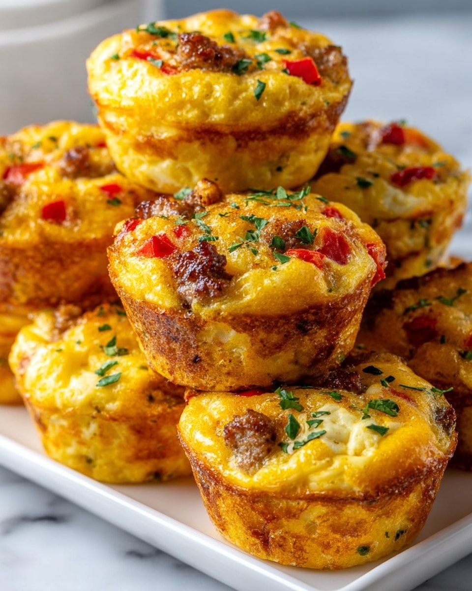 The image shows a close-up of six egg muffins stacked on a white rectangular plate on a white marbled surface. Each muffin has a golden-brown outer layer with a slightly crispy texture. The top layer is yellow with melted cheese mixed with small pieces of red bell pepper and browned sausage bits. Green herbs are sprinkled on top, adding a fresh touch. The muffins appear fluffy and moist inside with a mix of textures from the cheese, meat, and vegetables. Photo taken with an iphone --ar 4:5 --v 7