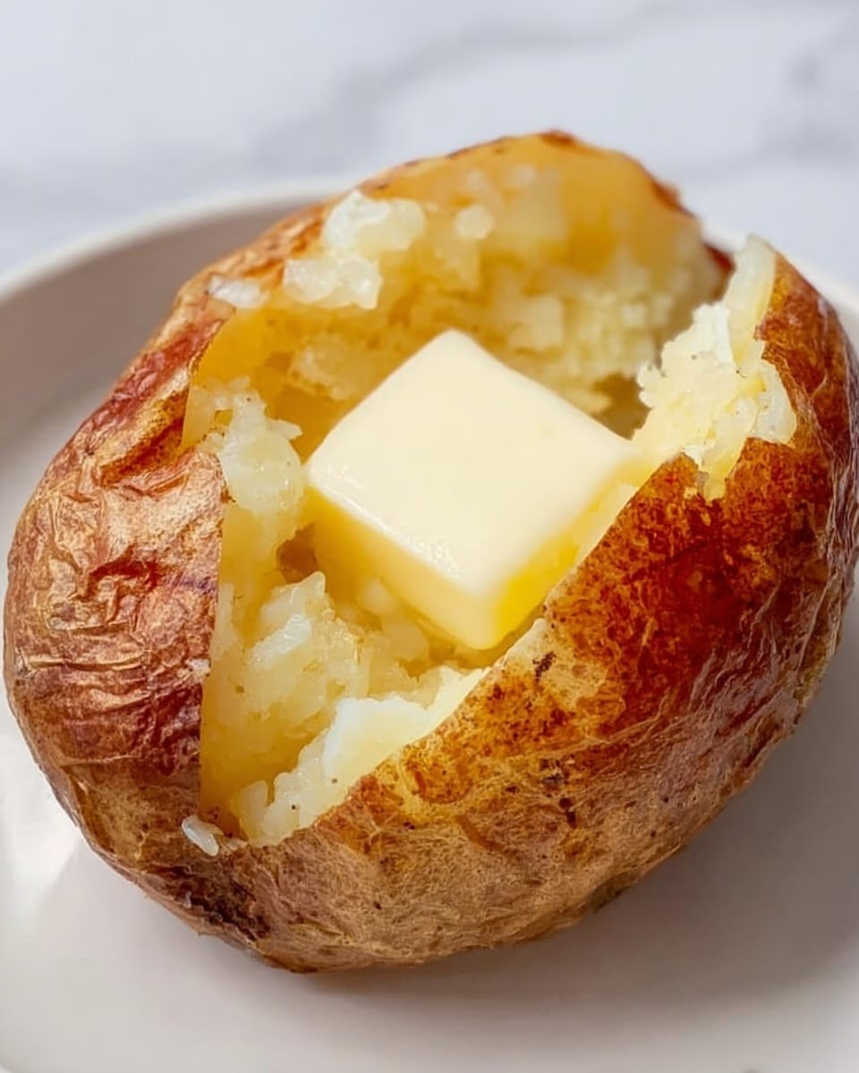 The image shows a baked potato cut open on a white plate, sitting on a white marbled surface. The potato has a crispy, golden-brown skin with a slightly rough texture. The inside is soft and fluffy with a light yellow color. A square piece of butter is melting on top of the potato's fluffy interior, creating a smooth, creamy layer of melted butter blending into the soft potato. Photo taken with an iphone --ar 4:5 --v 7