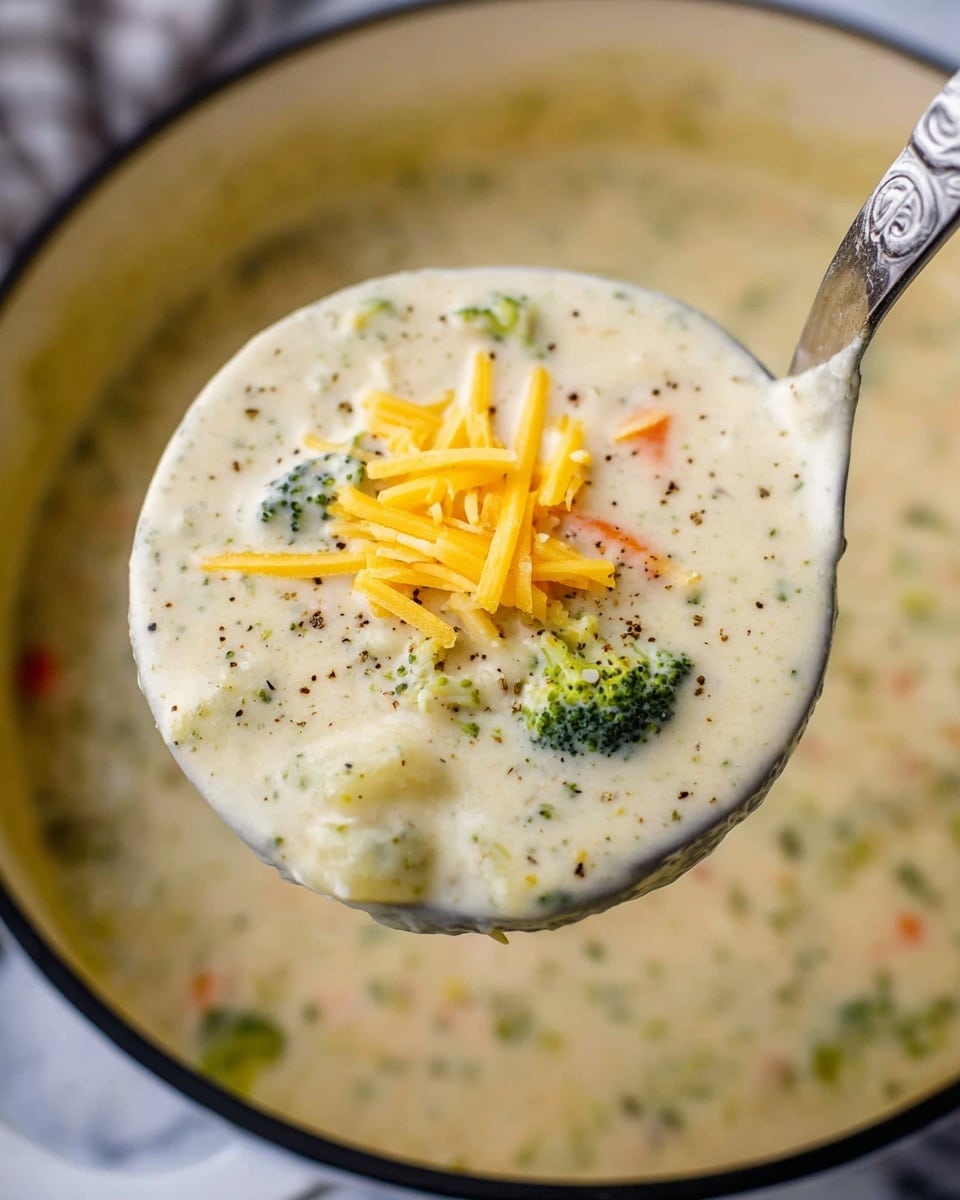A close-up of a ladle full of thick creamy white soup with small pieces of green broccoli, orange carrots, and white potatoes mixed inside. The soup has a smooth texture with visible black pepper sprinkled on top and a small pile of thin yellow shredded cheese in the center. The background shows more soup in a white pot with a dark edge, all set on a white marbled surface. photo taken with an iphone --ar 4:5 --v 7