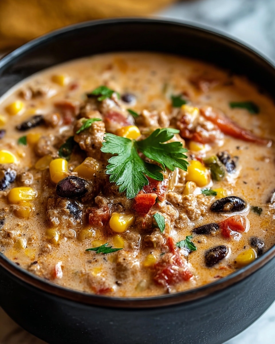A bowl filled with creamy chili showing multiple layers, the bottom layer is thick and beige with visible black beans and chunks of browned meat, above this are pieces of yellow corn and small bits of red tomato mixed in, topped with a small green basil leaf and a few chopped green herbs. The bowl is white ceramic, and the background is a white marbled texture. photo taken with an iphone --ar 4:5 --v 7