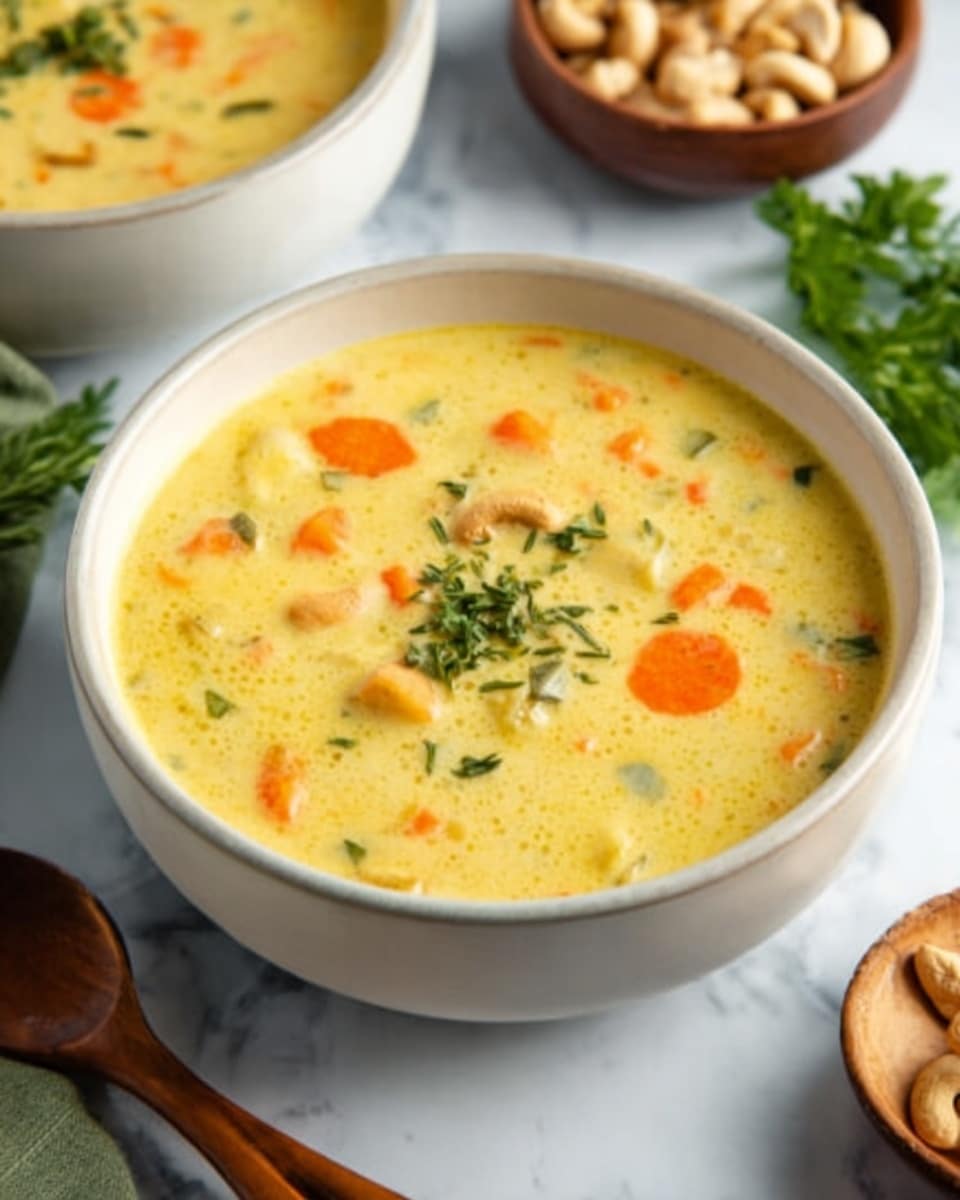A white bowl filled with creamy yellow soup sits on a white marbled surface. The soup has small chunks of vegetables visible, including orange carrots and green herbs scattered on top. The texture of the soup looks smooth and thick, with some pieces floating near the surface. In the background, another bowl of soup and some cashew nuts in a bowl can be seen. A wooden spoon and some green leafy herbs rest nearby, adding natural colors to the scene. Photo taken with an iphone --ar 4:5 --v 7