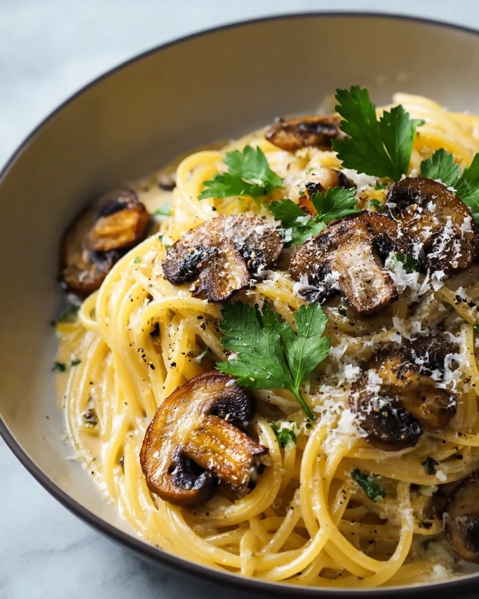 A close-up view of a black bowl filled with spaghetti pasta, topped with several browned and slightly crispy mushroom slices, sprinkled with grated cheese, and garnished with bright green parsley leaves. The pasta looks creamy and mixed with small bits of herbs. The background shows a white marbled texture. Photo taken with an iphone --ar 4:5 --v 7