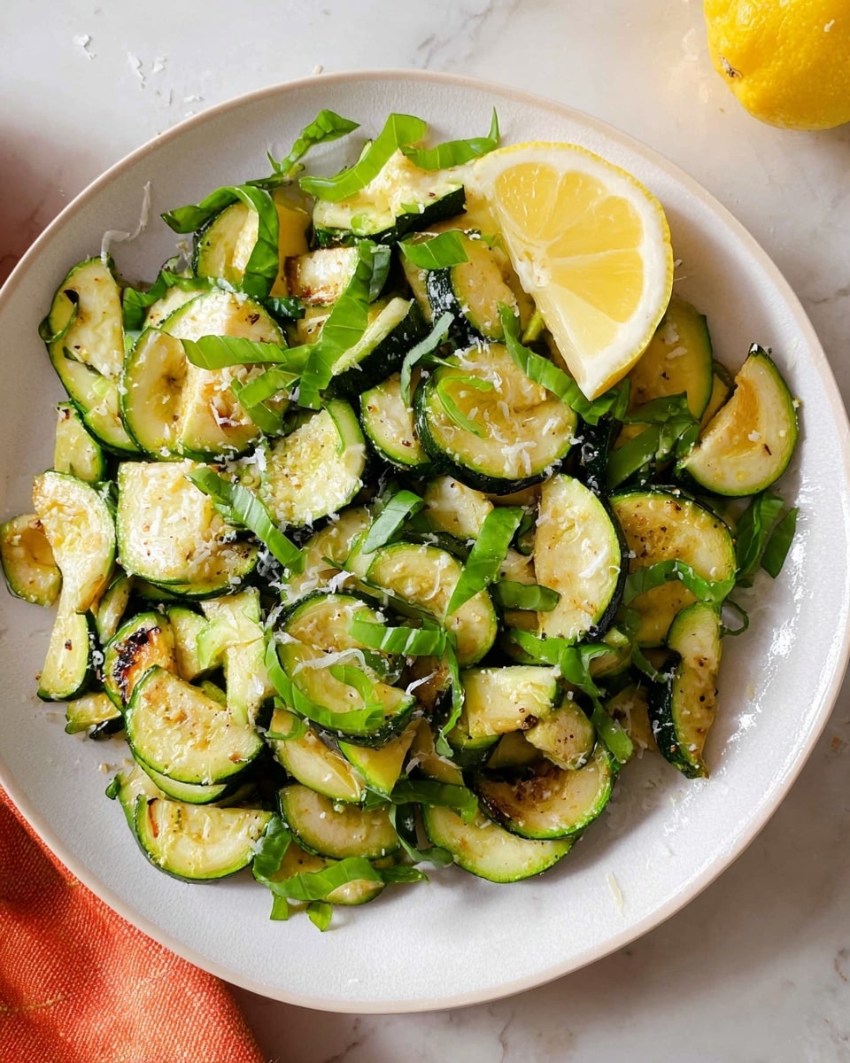 A white plate holds a simple dish of sautéed zucchini, cut into thick half-moon slices with a mix of light green flesh and darker green edges, lightly browned in spots. Thin bright green strips of fresh basil are scattered across the zucchini, along with small flakes of white grated cheese. On one side of the plate, a wedge of fresh lemon with bright yellow skin and pale yellow interior adds a splash of color. The plate sits on a white marbled surface with a soft orange cloth visible in the background. photo taken with an iphone --ar 4:5 --v 7