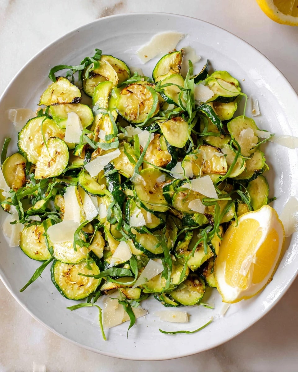 A white plate holds a dish of sautéed zucchini slices, lightly browned and mixed together in a loose pile. The zucchini pieces have bright green edges with soft pale green centers, showing a slight shine from cooking. Thin strips of fresh green herbs are scattered on top along with small white shavings of cheese. A fresh lemon wedge with a bright yellow peel and pale yellow inside rests on the right side of the plate. The plate is placed on a white marbled surface. photo taken with an iphone --ar 4:5 --v 7
